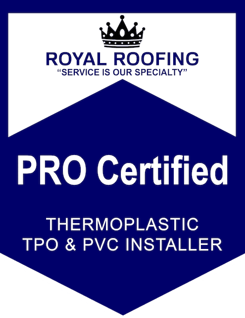 A blue and white badge reads "ROYAL ROOFING 'SERVICE IS OUR SPECIALTY' PRO Certified COMPOSITION SHINGLES INSTALLER" with a crown icon at the top.